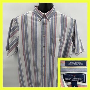 John Ashford Shirt Mens Large L Multi Color Vertical Stripe Short Sleeve Oxford